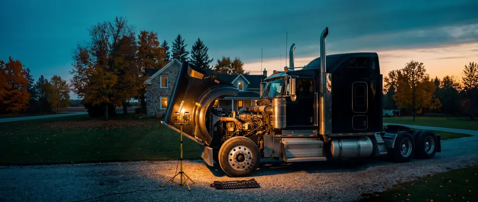 A Kenworth with its hood tilted open under a work light in a farmhouse yard at blue hour